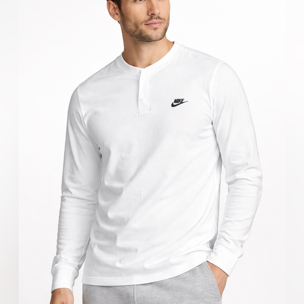 Nike‎ Men’s White Long Sleeve Henley Shirt Snap Button Size Medium